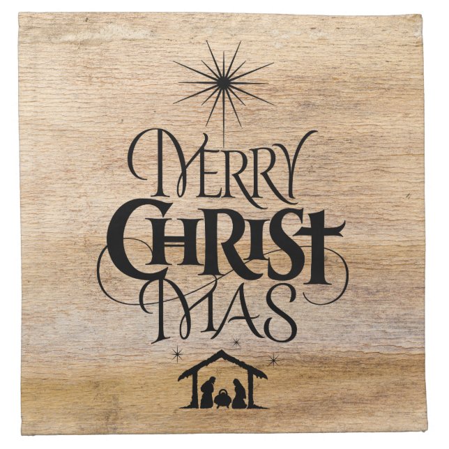 Merry Christmas Christian Calligraphy Rustic Wood Cloth Napkin (Front)