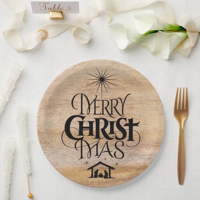 Merry Christmas Christian Calligraphy Rustic Wood Paper Plates (Wedding)