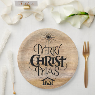 Merry Christmas Christian Calligraphy Rustic Wood Paper Plates
