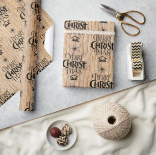 Merry Christmas Christian Calligraphy Rustic Wood Wrapping Paper