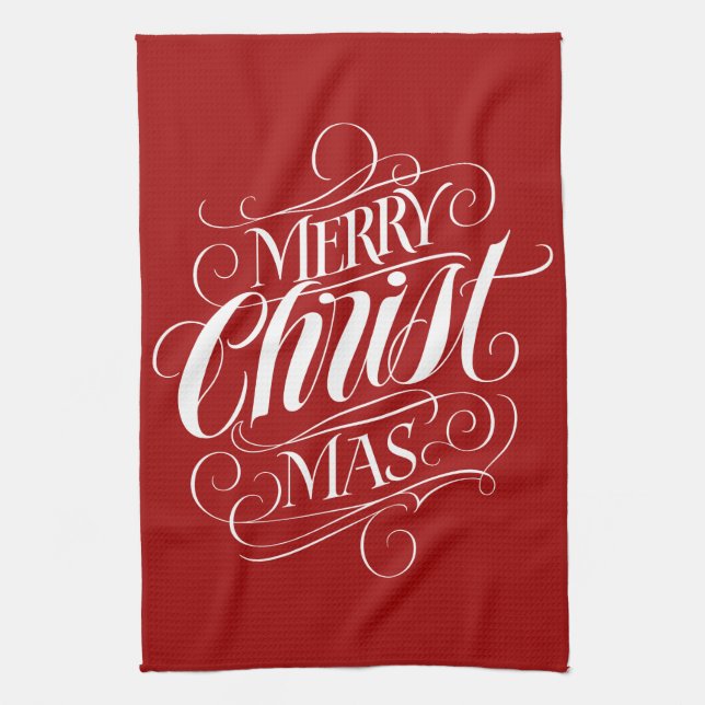 Merry CHRISTmas Christian Calligraphy Script Red Kitchen Towel (Vertical)