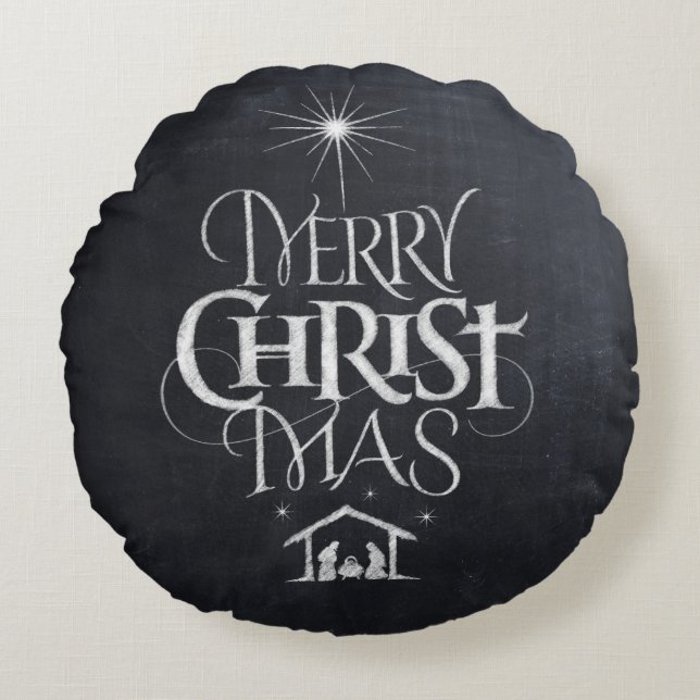 Merry CHRISTmas Christian Chalkboard Nativity Round Pillow (Front)