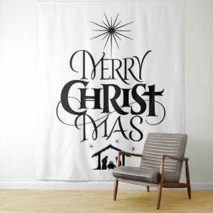 Merry CHRISTmas Christian Elegant Black White Tapestry