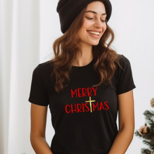 Merry Christmas Christian Gold Cross Faith Black T_Shirt