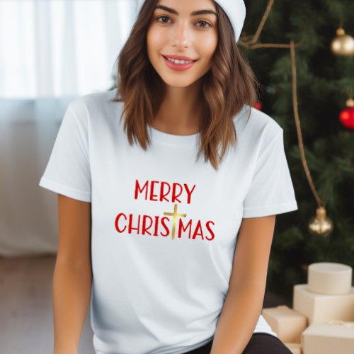 Merry Christmas Christian Gold Cross Faith White  T_Shirt