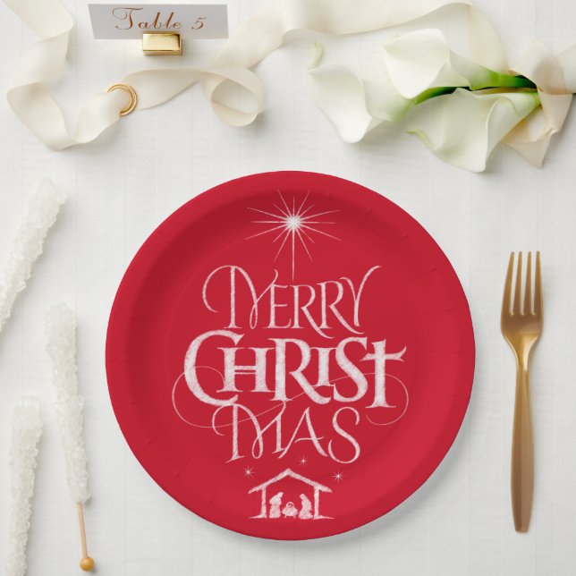 Merry Christmas Christian Jesus Christ God Red Paper Plates (Wedding)