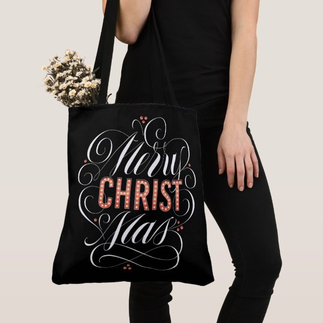 Merry CHRISTmas Christian Red Christ Calligraphy Tote Bag (Close Up)