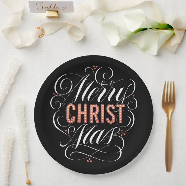 Merry CHRISTmas Christian Red Marquee Calligraphy Paper Plates (Wedding)