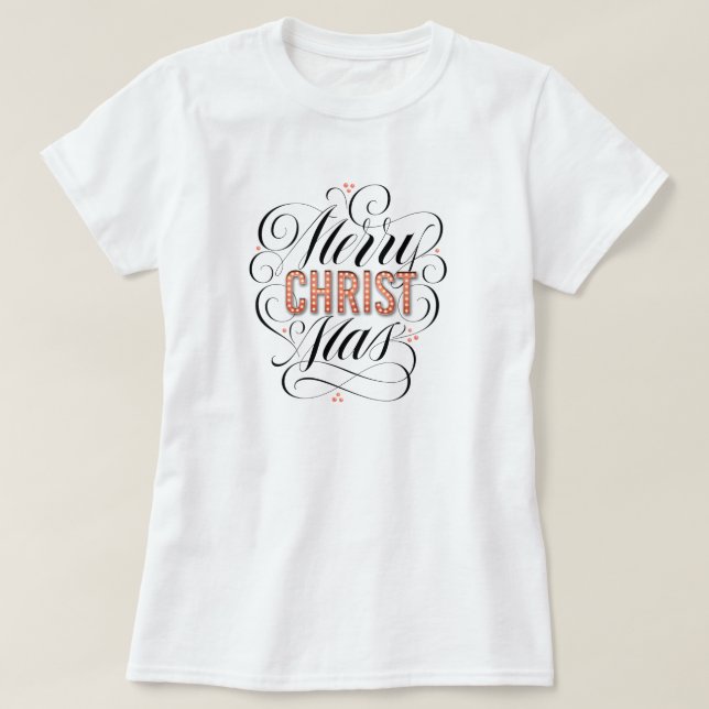 Merry CHRISTmas Christian Red Marquee Calligraphy T-Shirt (Design Front)