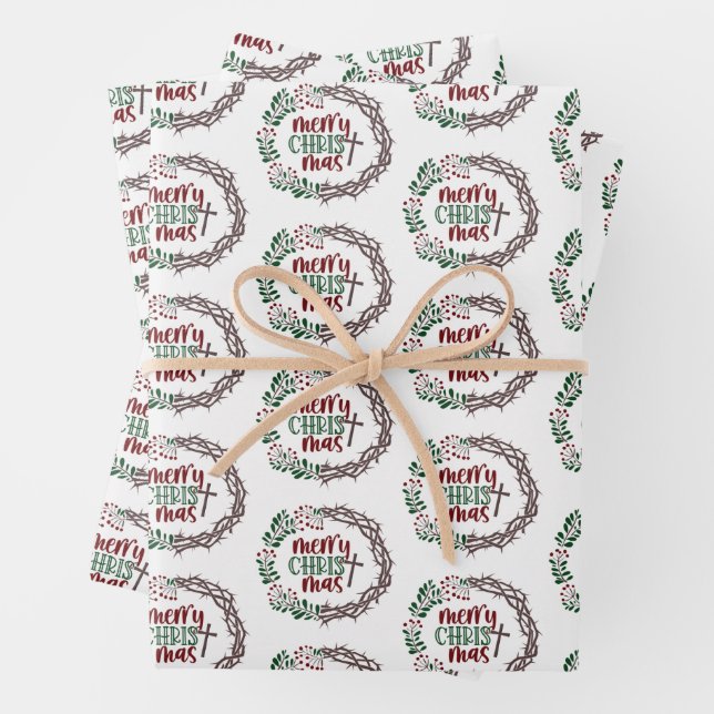 Merry CHRISTmas Christian Religious Wreath Wrapping Paper Sheets (In situ)