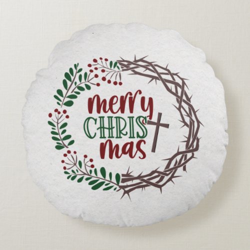 Merry CHRISTmas Christian Scripture Wreath  Round Pillow