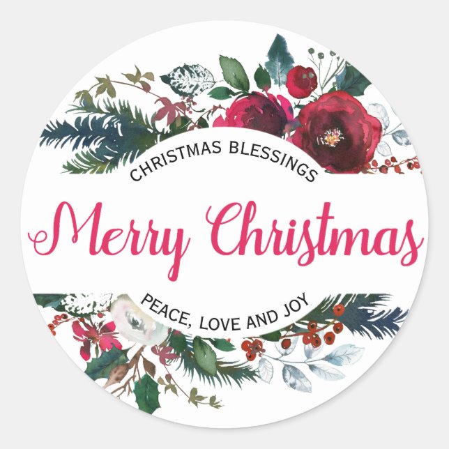 Merry Christmas Christmas Blessings Red Floral Classic Round Sticker (Front)