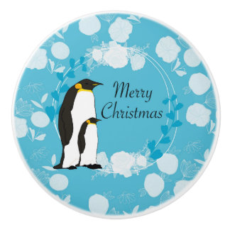 merry christmas, christmas,penguin,flowers,blue, ceramic knob