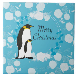 merry christmas, christmas,penguin,flowers,blue, ceramic tile