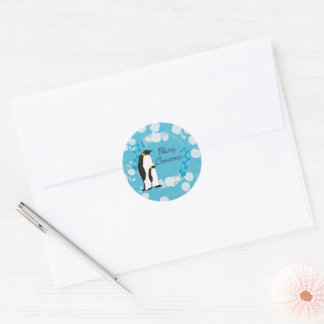 merry christmas, christmas,penguin,flowers,blue, classic round sticker