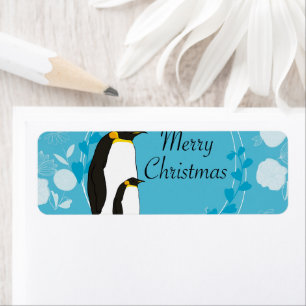 merry christmas, christmas,penguin,flowers,blue, label