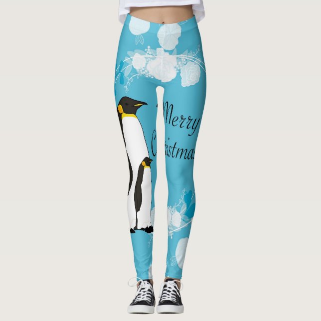 merry christmas, christmas,penguin,flowers,blue, leggings (Front)