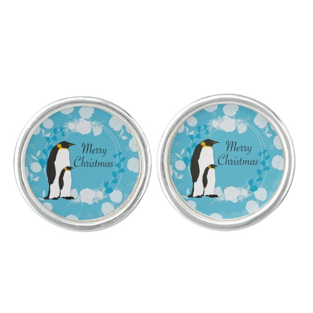 merry christmas, christmas,penguin,flowers cufflinks (Front)
