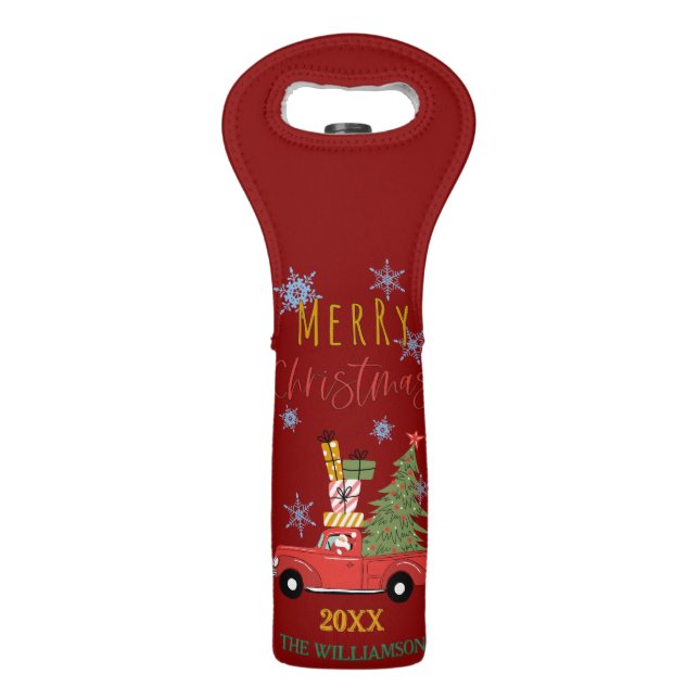 Merry Christmas Christmas Tree on Red Car Truck  Wine Bag (Front)