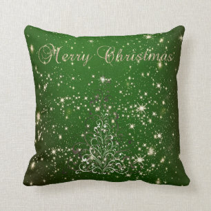 Merry Christmas,Christmas Tree,Sparkles,Green Throw Pillow