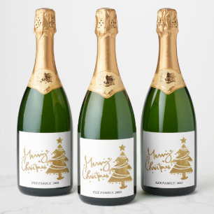 Merry christmas, christmas tree sparkling wine label