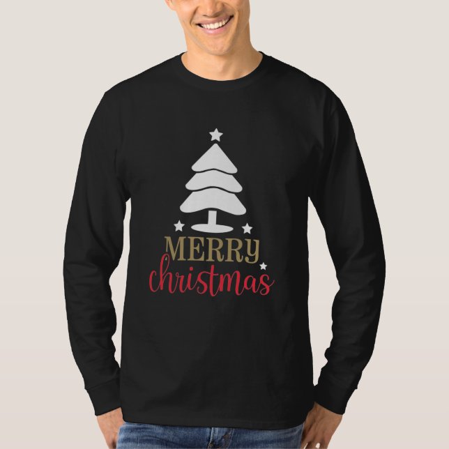Merry Christmas Christmas Tree White and Red T-Shirt (Front)