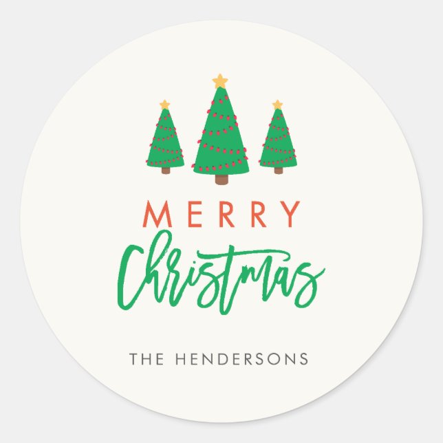 Merry Christmas / Christmas Tree with lights Classic Round Sticker (Front)