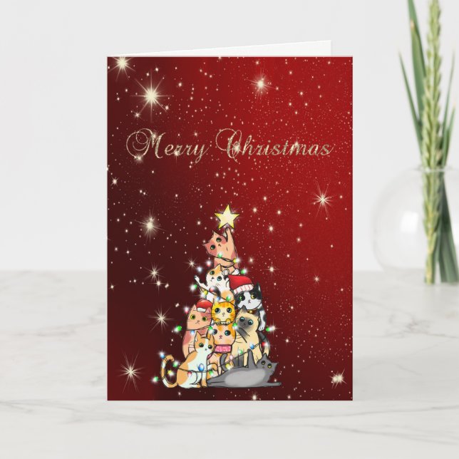 Merry Christmas,Christmas Trees Cats,Red Holiday Card (Front)