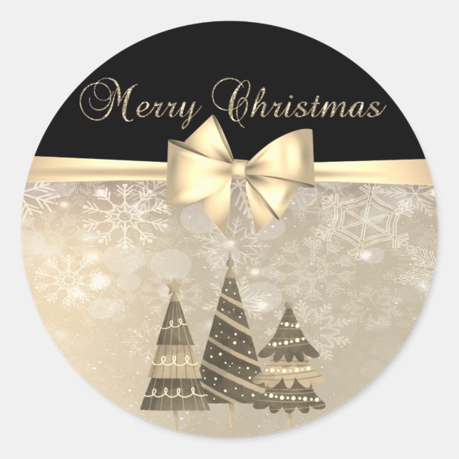 Merry Christmas,Christmas Trees, Snowflakes,  Bow Classic Round Sticker (Front)