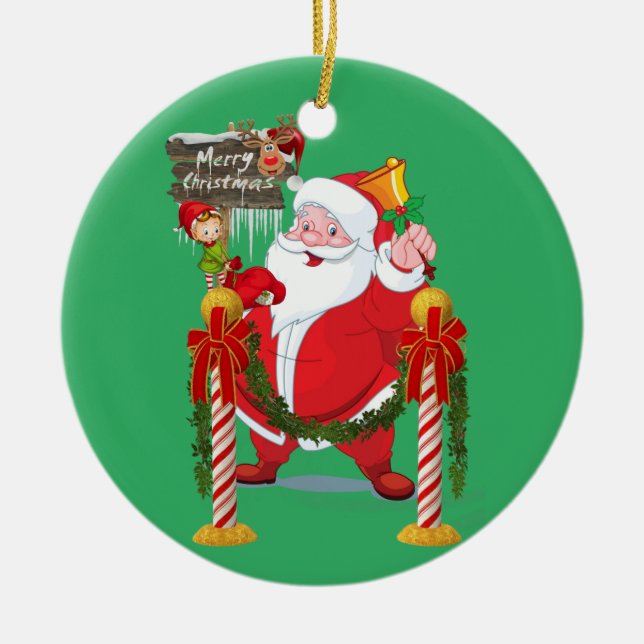 Merry Christmas Circle Ornament, Santa Elf Ceramic Ornament (Front)