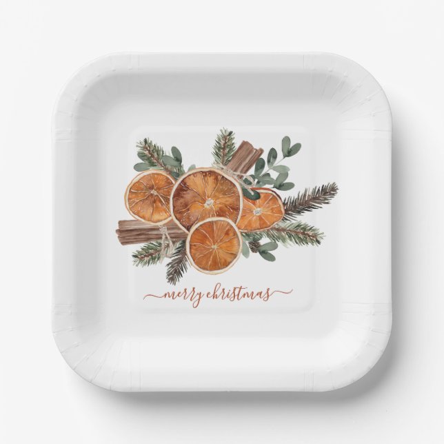 Merry Christmas Citrus Pine Rustic Holiday Paper Plates (Front)