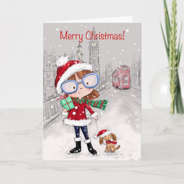 Merry Christmas, City Girl Walking her Dog Card (Front)