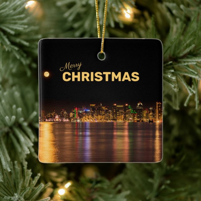 Merry Christmas City Skyline Black&Gold San Diego Ceramic Ornament (Tree)