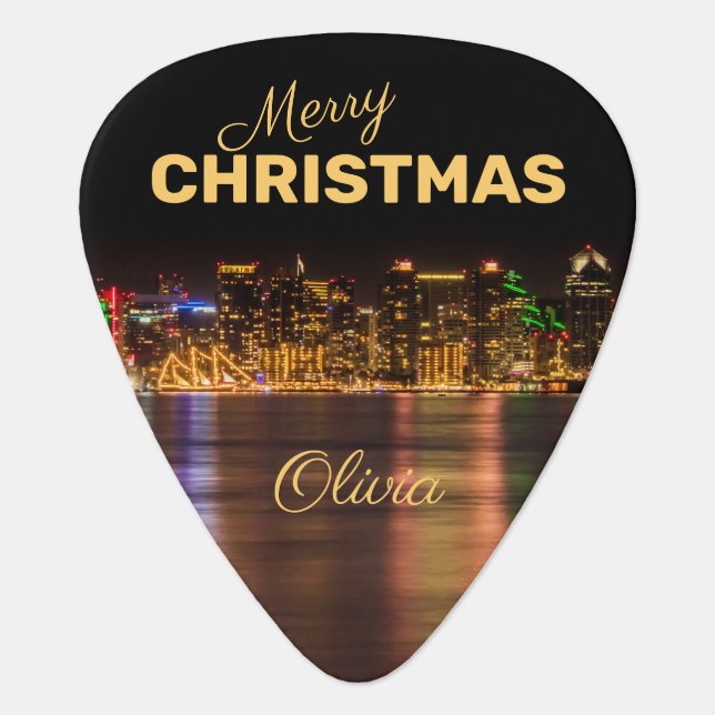 Merry Christmas City Skyline Black&Gold San Diego Guitar Pick (Front)