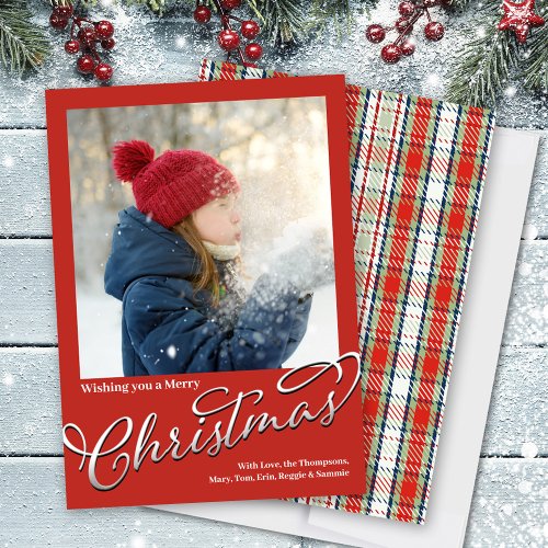 Merry Christmas Classic Calligraphy Red Plaid  Holiday Card
