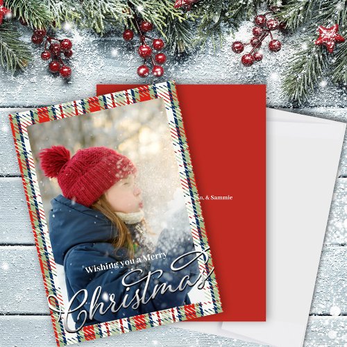Merry Christmas Classic Calligraphy Red Plaid Holiday Card