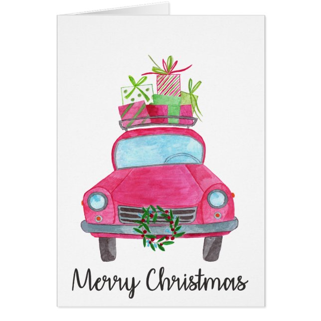 Merry Christmas Classic Car Watercolor Cards (Front)
