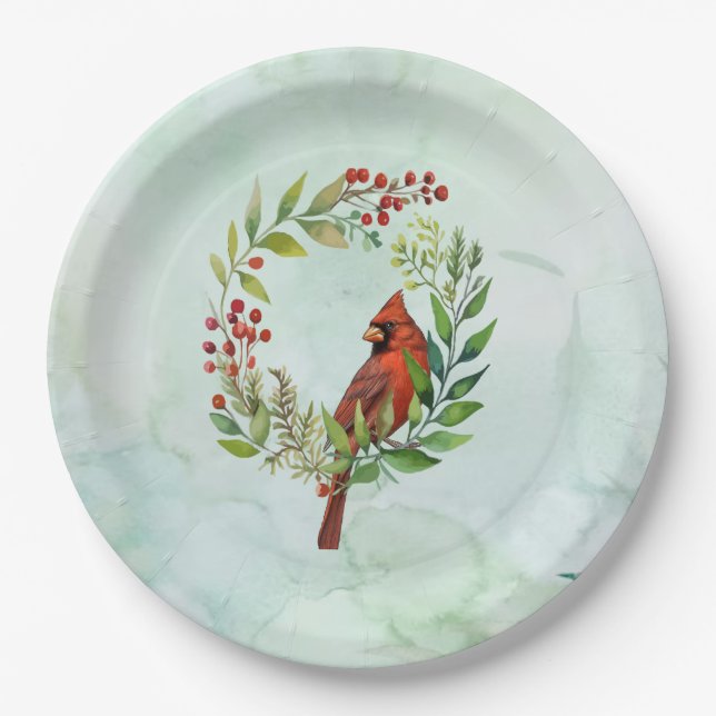Merry Christmas Classic Cardinal  Paper Plates (Front)