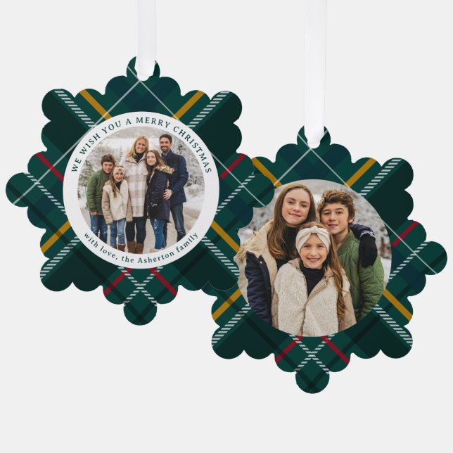 Merry Christmas classic green plaid two photo Ornament Card (Front/Back)