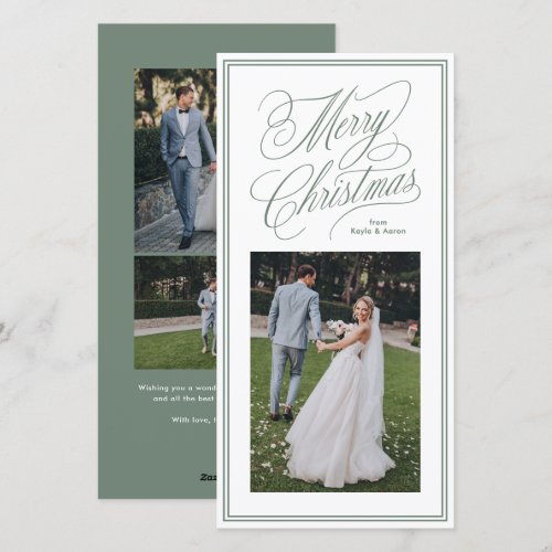Merry Christmas classic green script photo Holiday Card