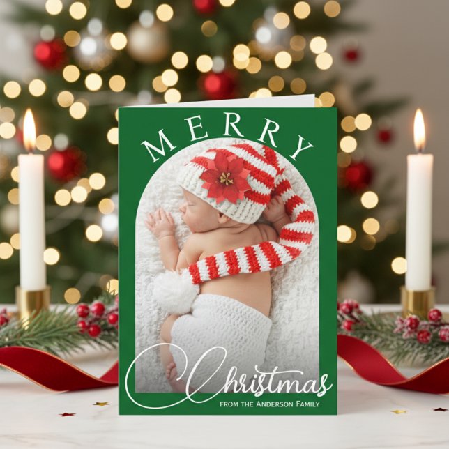 Merry Christmas Classic Green & White Family Photo Holiday Card (Merry Christmas Classic Green & White Family Photo Holiday Card)