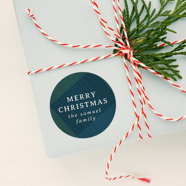 Merry Christmas classic holiday plaid personalized Classic Round Sticker (Creator Uploaded)