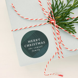 Merry Christmas classic holiday plaid personalized Round Sticker