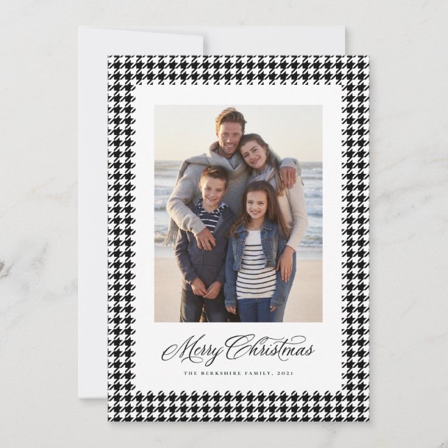 Merry Christmas classic houndstooth one photo Holi Holiday Card (Front)