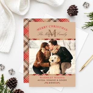 Merry Christmas Classic Plaid Monogram Photo Holiday Card