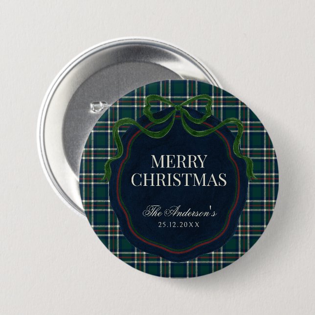 Merry Christmas Classic Preppy Tartan Plaid Button (Front & Back)