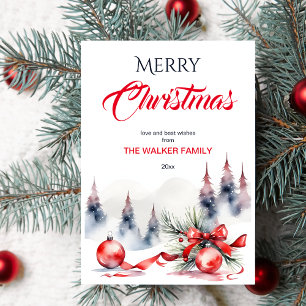Merry Christmas classic red baubles and pines Holiday Card