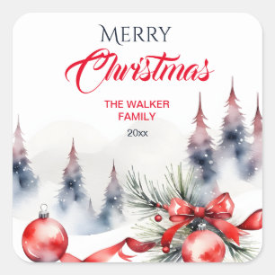 Merry Christmas classic red baubles and pines Square Sticker