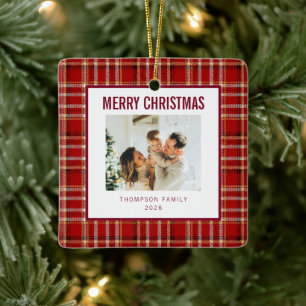 Merry Christmas Classic Red Plaid Family Photo Ceramic Ornament