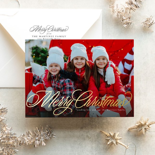 Merry Christmas classic script two photo Foil Holiday Card (Creator Uploaded)